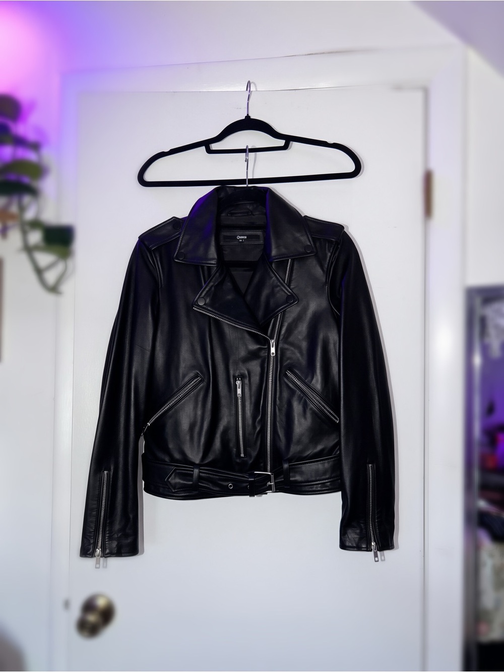 Quince Black 100% Sheep Leather Biker Jacket with Silver Hardware
